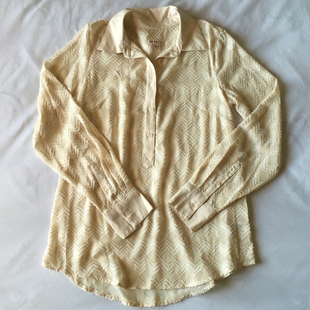 Cream Sheer Chevron Embroidered Long Sleeve Shirt